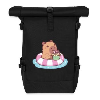 Cute Capybara Chilling in Pool Float Coconut Drink - Roll Top Backpack - black - Front