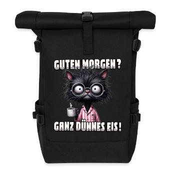 Guten Morgen? Ganz dünnes Eis - Katze mit Kaffee - Rolltop Rucksack - Schwarz - Vorne