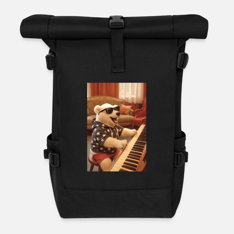 Bär im Sternen-Hoodie mit Sonnenbrille - Rolltop Rucksack - Schwarz