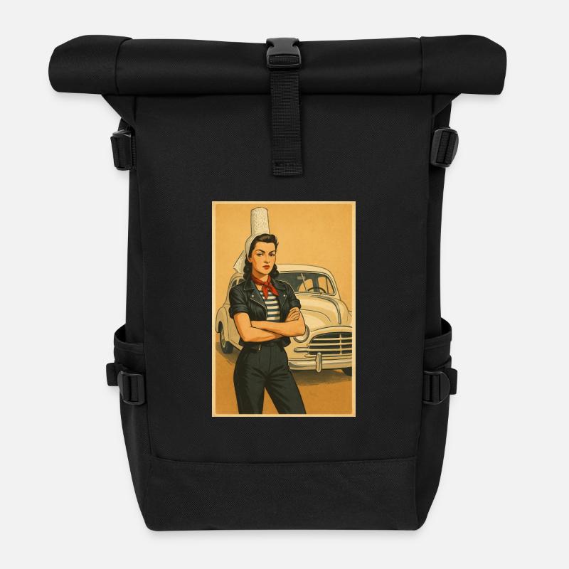 Retro Woman and Vintage Auto - Roll Top Backpack - black