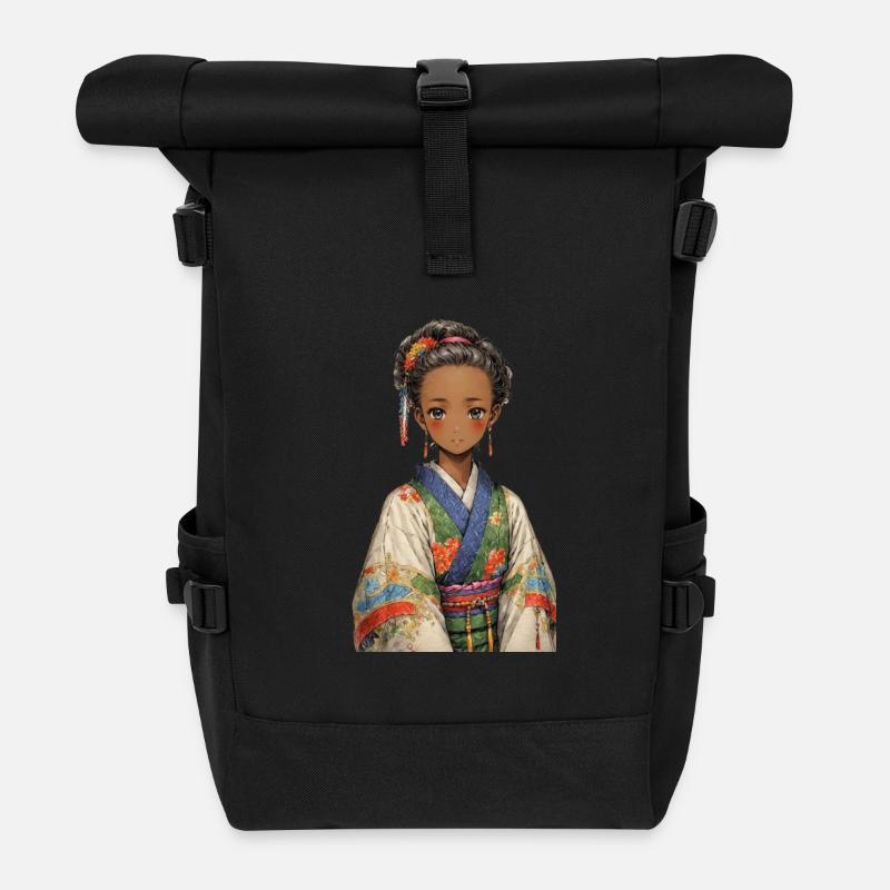 Ethnic girl in colorful kimono - Roll Top Backpack - black