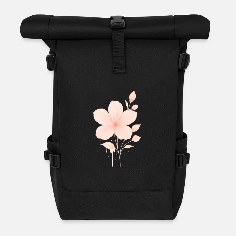 Peach Rosé Blossoms Watercolor - Roll Top Backpack - black