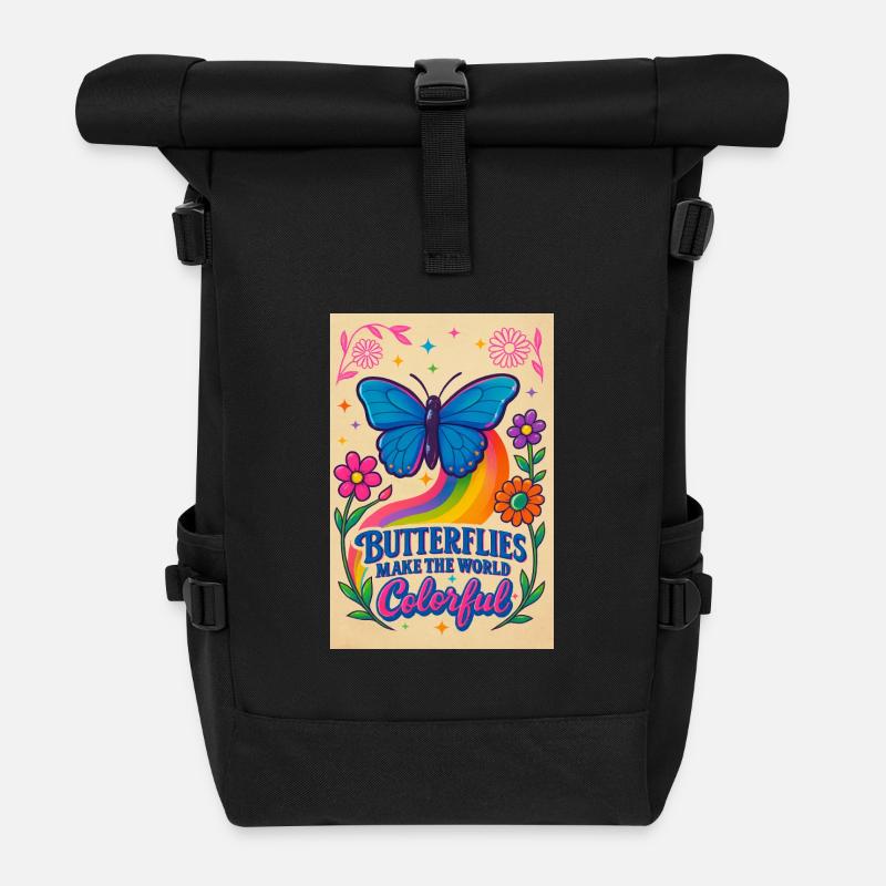 Butterfly Color World Motif - Roll Top Backpack - black