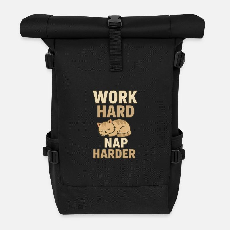 Work Hard Nap Harder - Roll Top Backpack - black