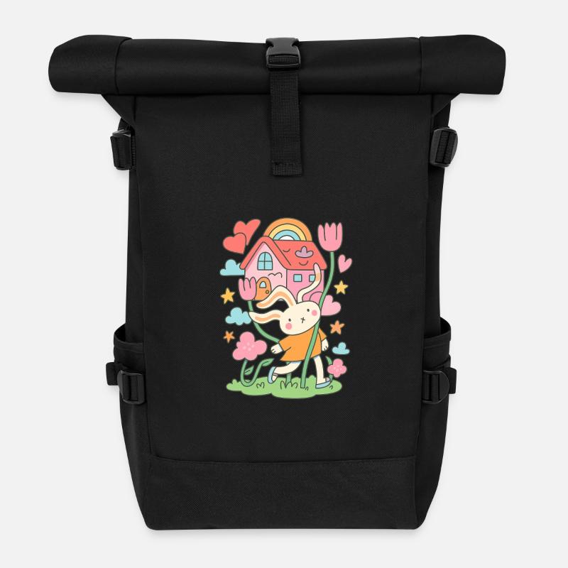 Pastel Rabbit dollhouse in Bloom - Roll Top Backpack - black