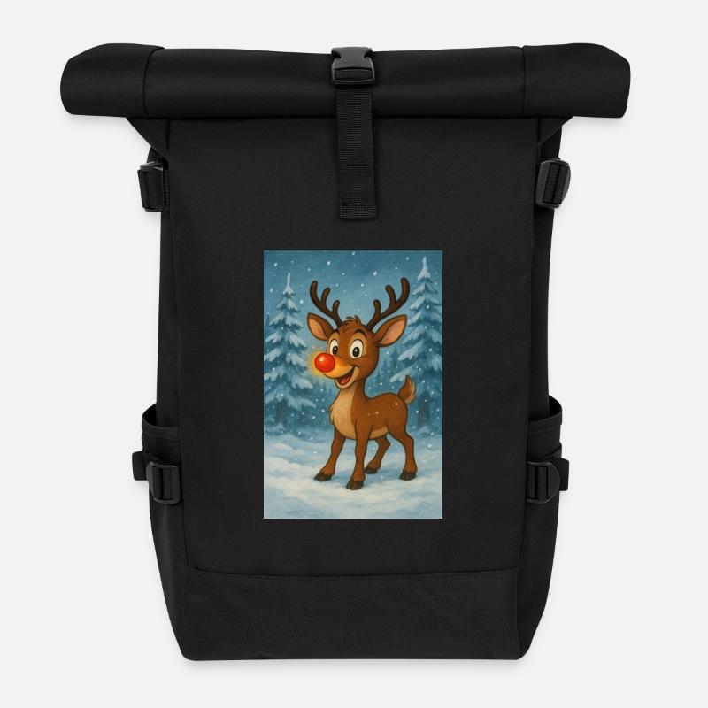 Rentier mit roter Nase im Winterwald - Rolltop Rucksack - Schwarz