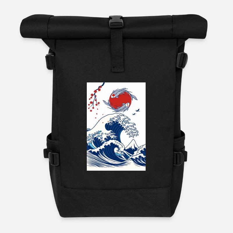 Koi und Welle in der Sonne - Rolltop Rucksack - Schwarz