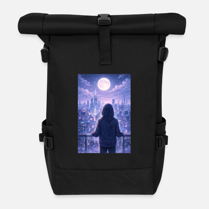 Night Skyline Neon-Hoodie - Rolltop Rucksack - Schwarz
