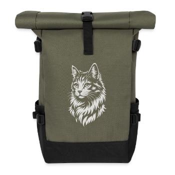 Elegante Katze im Tribal Line Art Stil - Rolltop Rucksack - Olive/Schwarz - Vorne