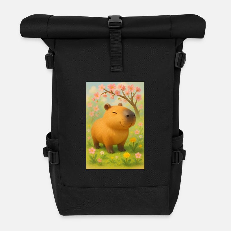 Fröhlicher Capybara im Frühlingsgarten - Rolltop Rucksack - Schwarz