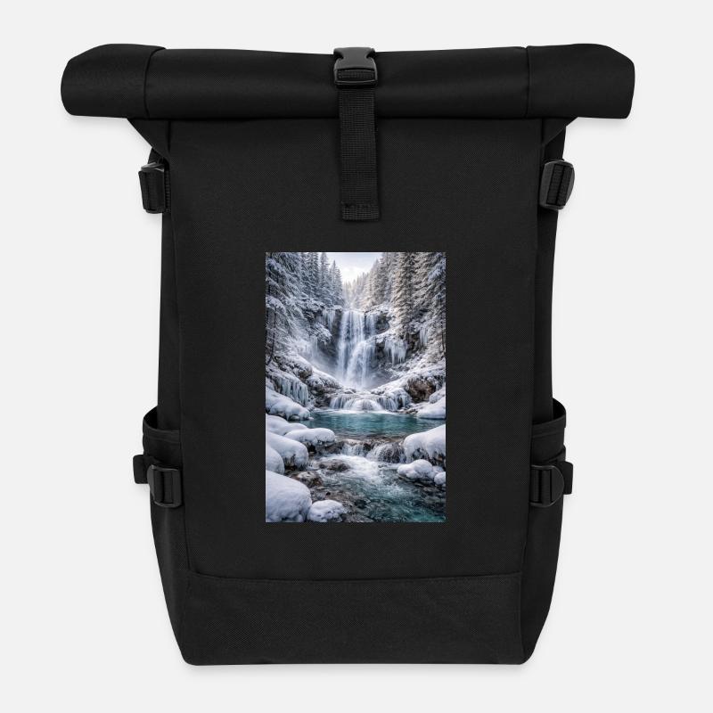 Winterwasserfall im schneebedeckten Wald - Rolltop Rucksack - Schwarz