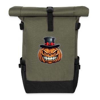 Funny grinning Halloween pumpkin with top hat - Roll Top Backpack - olive/black - Front