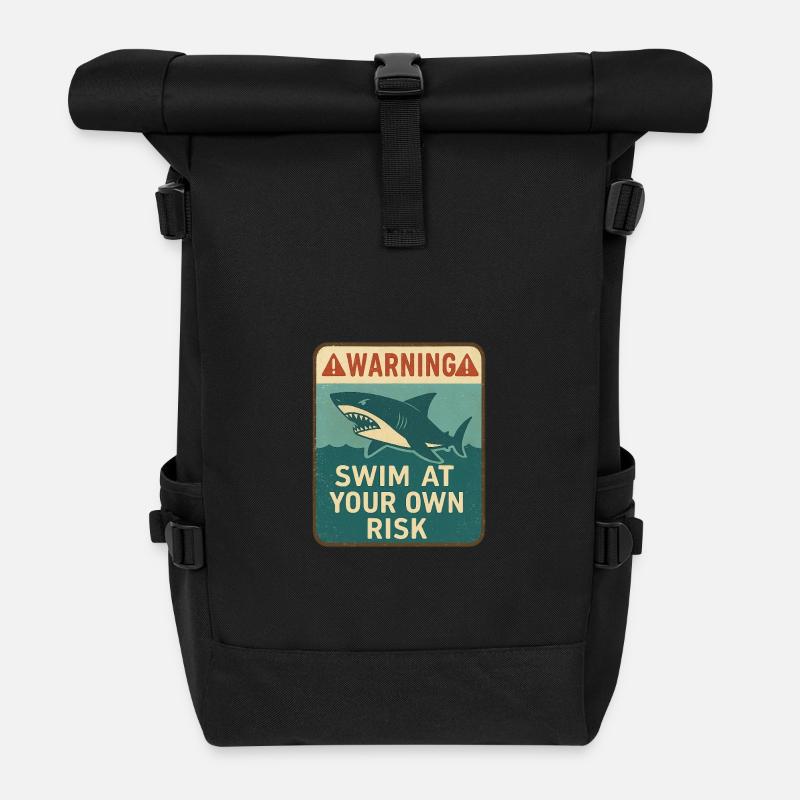 Warning sign with shark and inscription - Roll Top Backpack - black