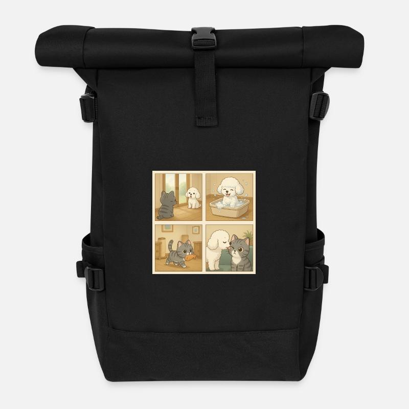 Adorable scene with dogs and cats at home - Roll Top Backpack - black
