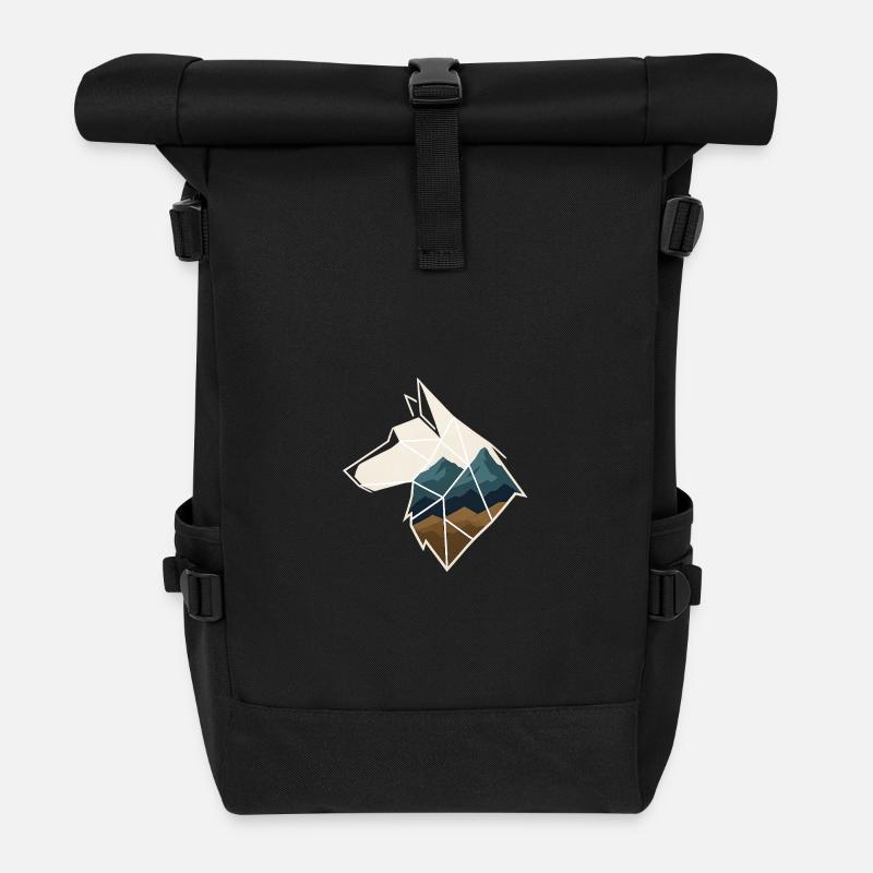 Geometric Wolf - Roll Top Backpack - black