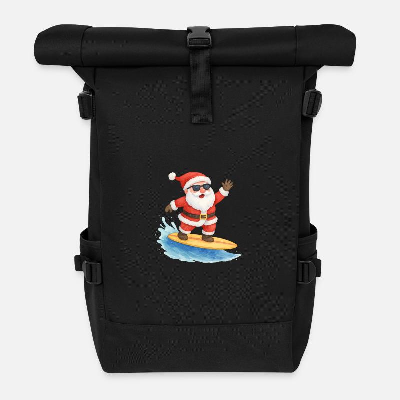 Cool Santa Surfer Christmas Design - Roll Top Backpack - black