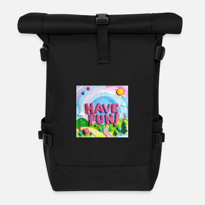 Fröhlicher Süßigkeitenwald Viel Spaß! -Text - Rolltop Rucksack - Schwarz