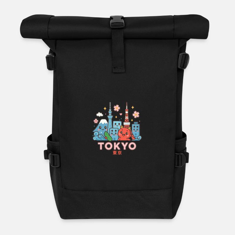 Kawaii Tokyo Skyline - Rolltop Rucksack - Schwarz