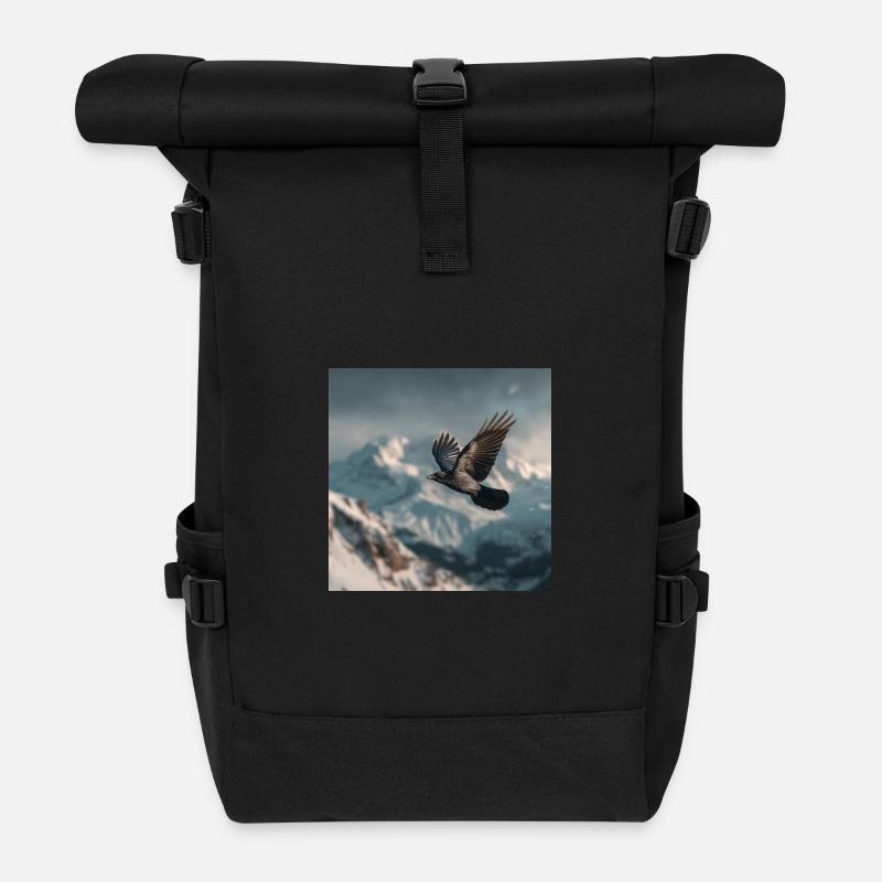 Raven above the snowy peaks Alpine crow - Roll Top Backpack - black