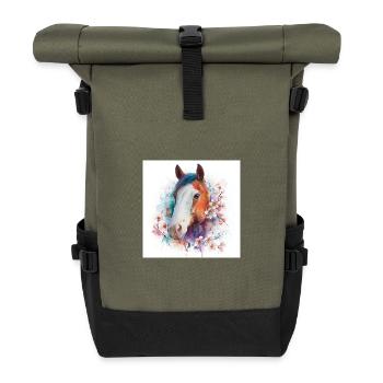 Aquarell Pferdeblüten-Porträt - Rolltop Rucksack - Olive/Schwarz - Vorne