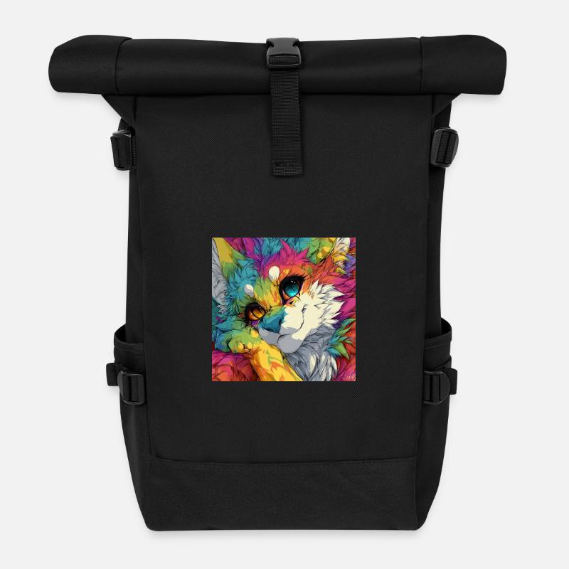 Regenbogenfell Kuschelkatze - Rolltop Rucksack - Schwarz
