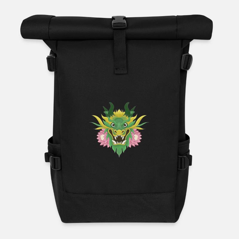 Smaragdgrüner Lotusdrache - Rolltop Rucksack - Schwarz