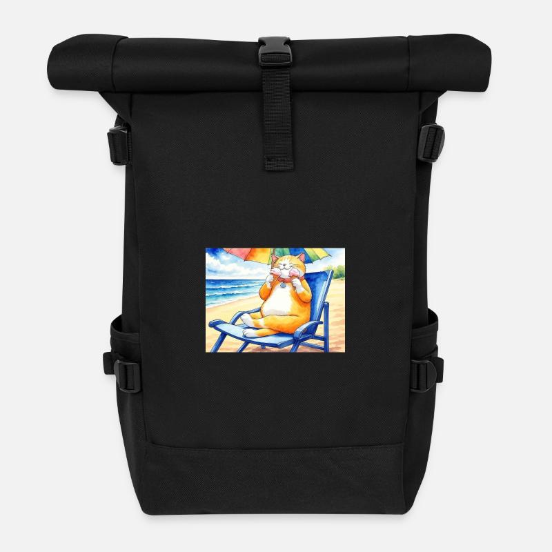 Chat sur la plage avec une glace - Sac à dos roll top - noir