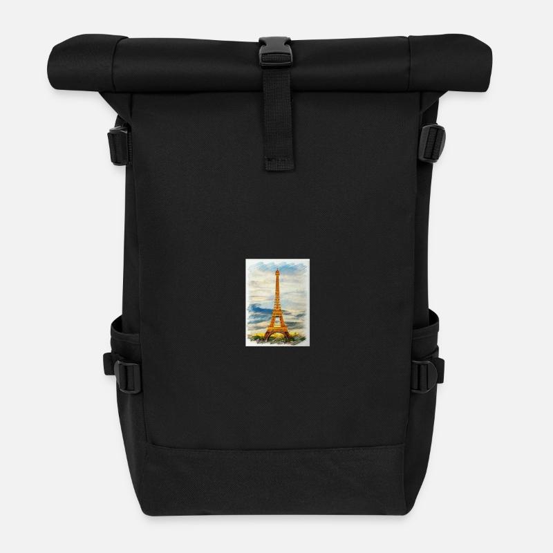 Watercolour Eiffel Tower Skyline Art - Roll Top Backpack - black