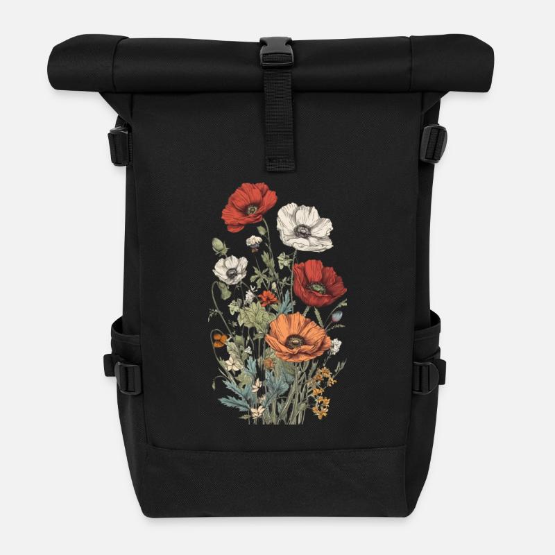Wunderschönes Boho Mohn Herbarium Bouquet - Rolltop Rucksack - Schwarz