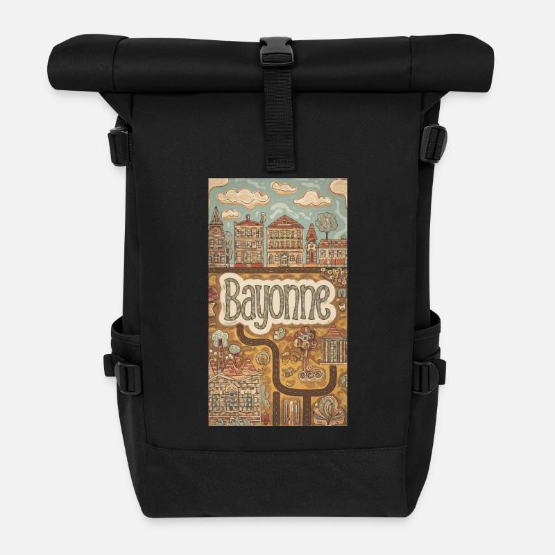 Bayonne Whimsical Townscape France - Roll Top Backpack - black