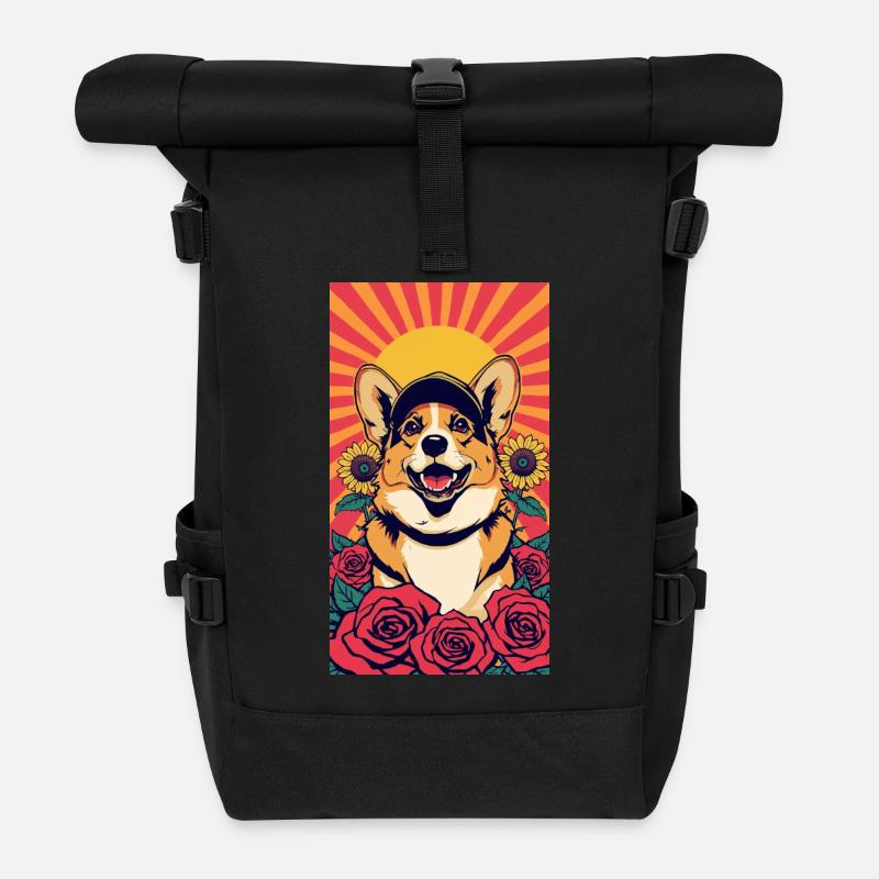 Corgi-Sonnenschein und Rosen - Rolltop Rucksack - Schwarz