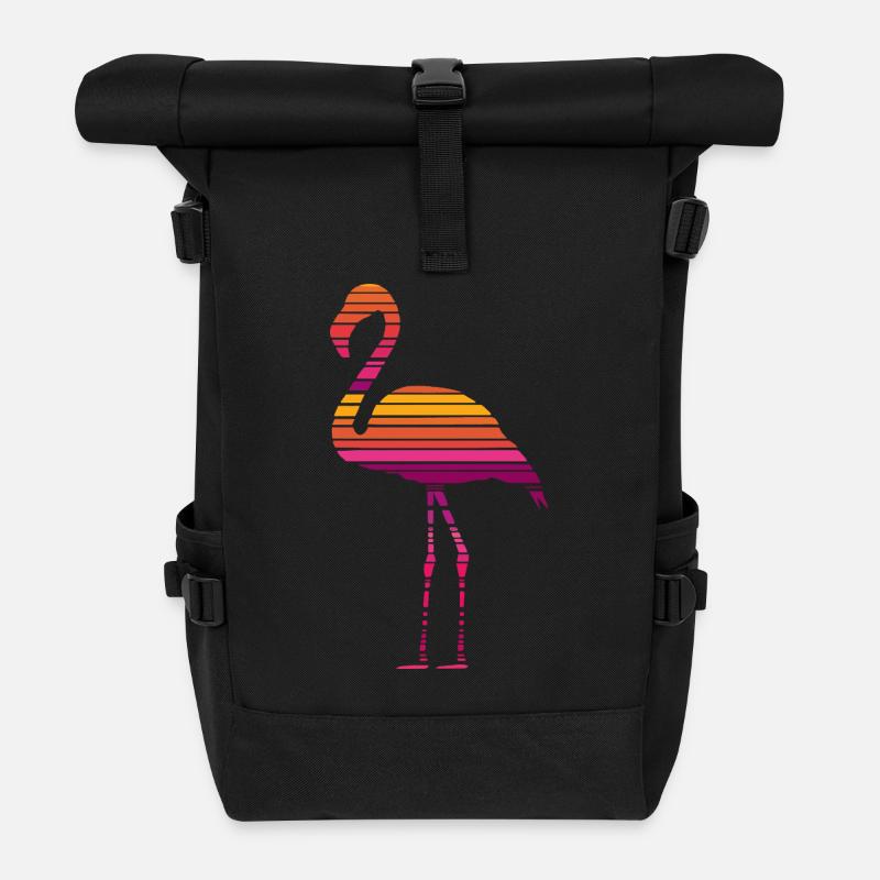 Flamant rose rétro fait de rayures colorées. - Sac à dos roll top - noir
