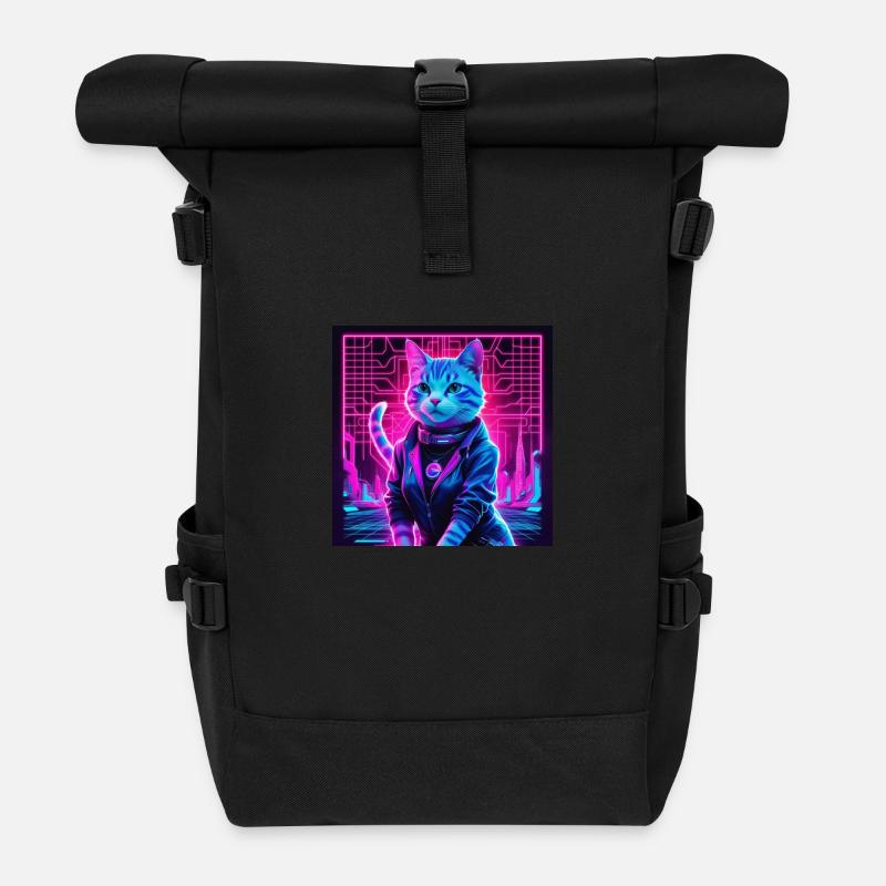 Retro Wave Katze - Cyberpunk Feline Vibes - Rolltop Rucksack - Schwarz