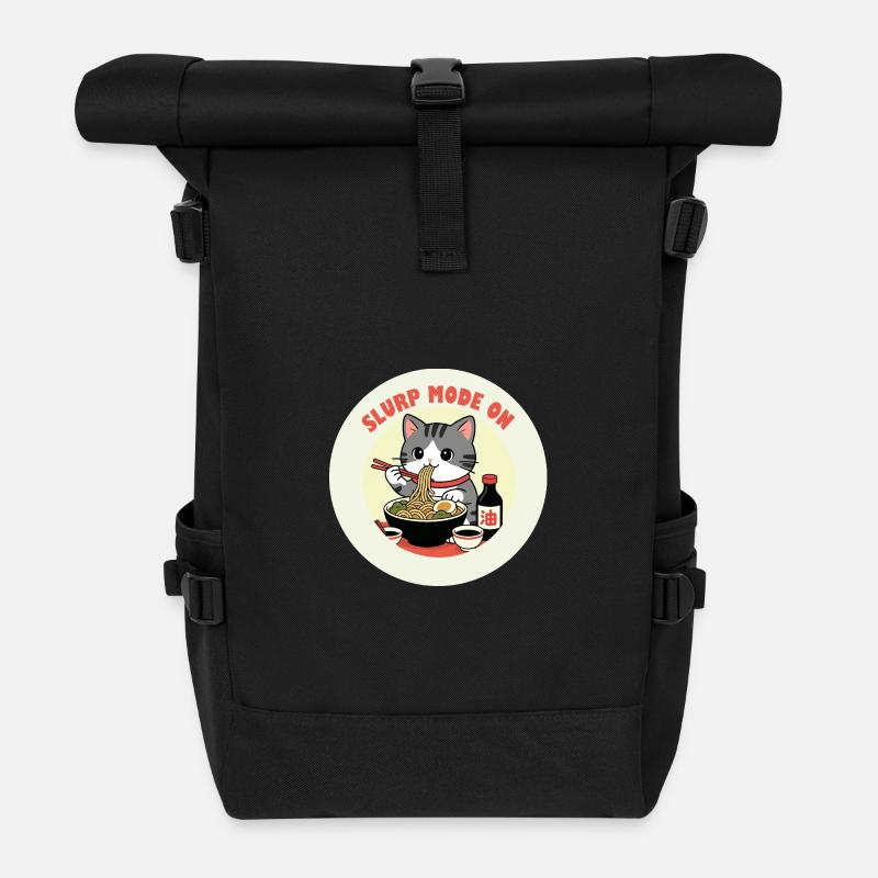 Kätzchen, das Ramen-Schlürf-Modus frisst - Rolltop Rucksack - Schwarz
