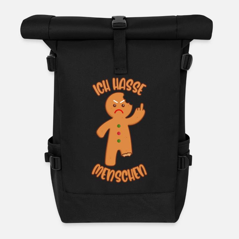 Lebkuchenmann Mittelfinger Ich hasse Menschen - Rolltop Rucksack - Schwarz