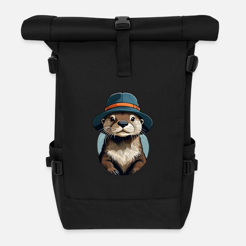 Otter mit Fischerhut - Rolltop Rucksack - Schwarz