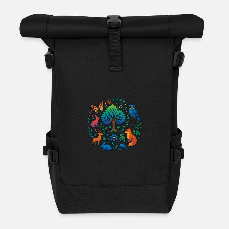 T-shirt with forest animals & tree – for nature lovers - Roll Top Backpack - black