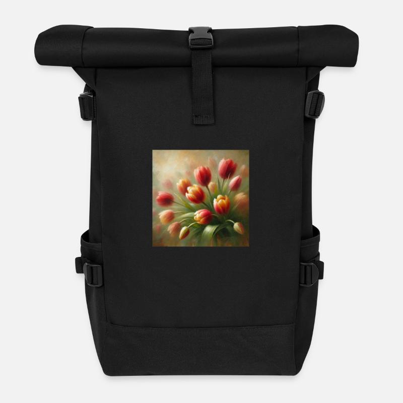 Aesthetic Tulips Flowers - Roll Top Backpack - black
