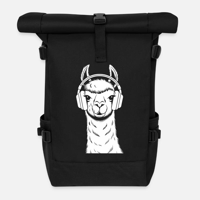 Cooles Lama mit Kopfhörern - Rolltop Rucksack - Schwarz
