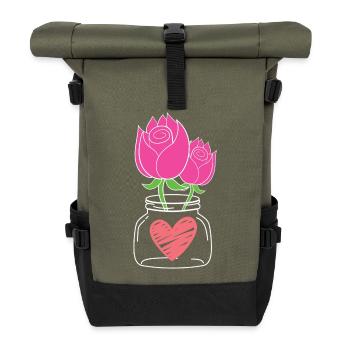 Umarmende Rosen im Einmachglas-Druck - Rolltop Rucksack - Olive/Schwarz - Vorne