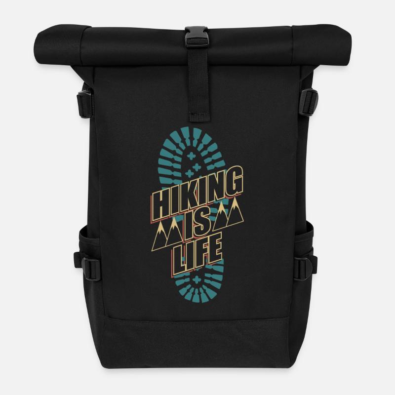 Hiking is Life – Klassisches Wander Design - Rolltop Rucksack - Schwarz