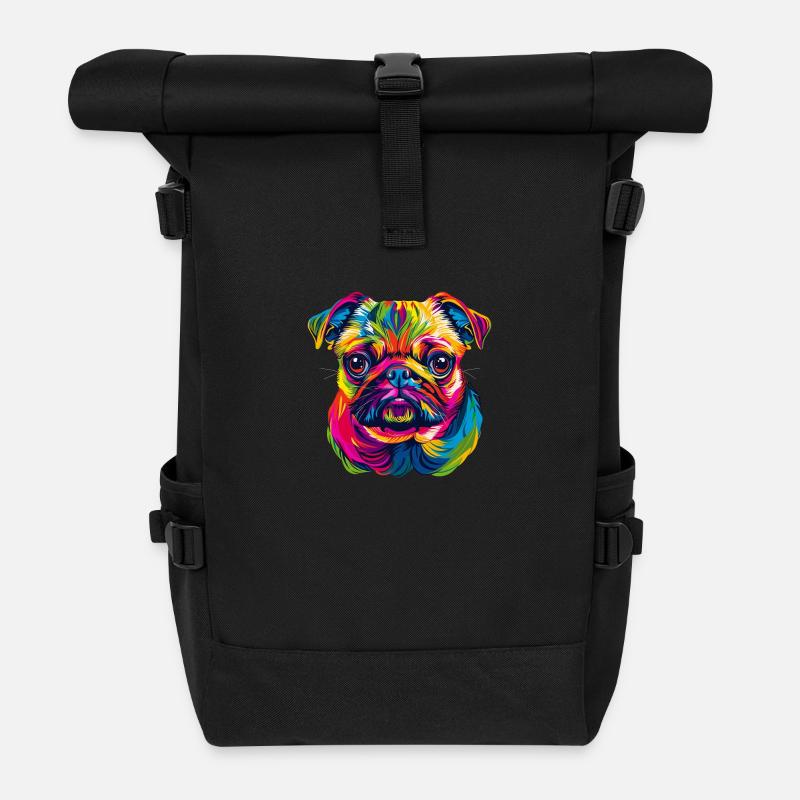 Mops Hund Bunte Farben Pop Art Regenbogen Carlino - Rolltop Rucksack - Schwarz