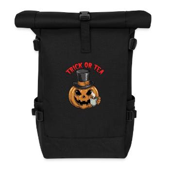 Trick or Tea lustiger Halloweenkürbis mit Teetasse - Rolltop Rucksack - Schwarz - Vorne