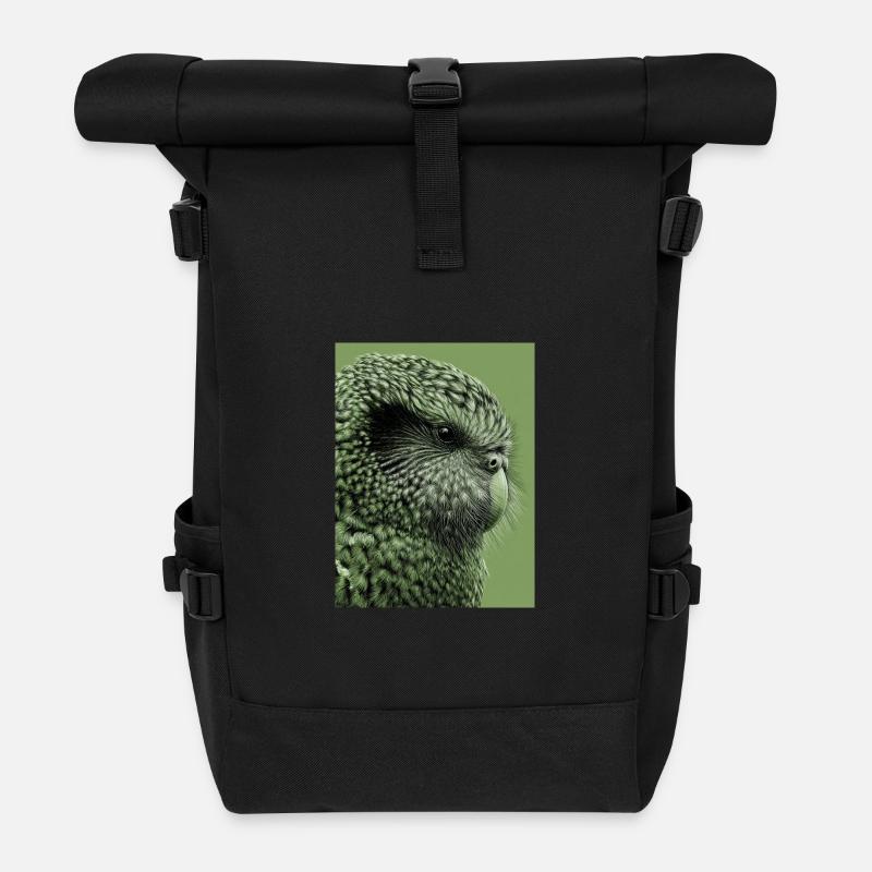 Kakapo illustration in green - Roll Top Backpack - black