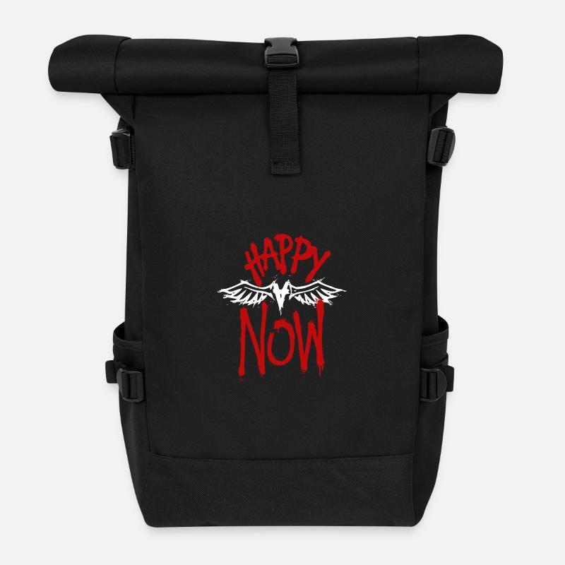 Happy Now Wings Grunge Typography - Roll Top Backpack - black