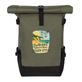 Fischbrötchen, Wind & Herz – Rügen-Style - Rolltop Rucksack - Olive/Schwarz - Vorne
