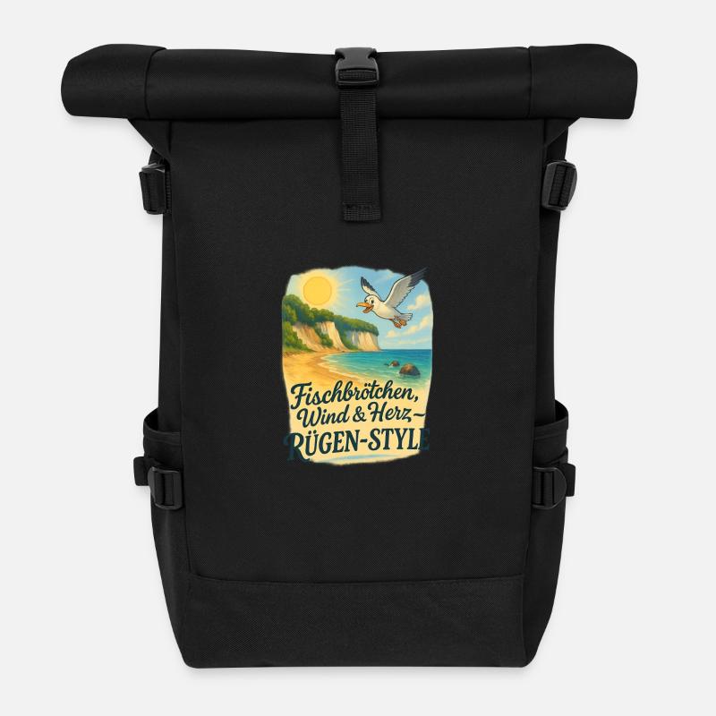 Fischbrötchen, Wind & Herz – Rügen-Style - Rolltop Rucksack - Schwarz
