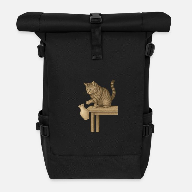 Katzenlogik: Wenn’s steht, kann es auch fallen - Rolltop Rucksack - Schwarz