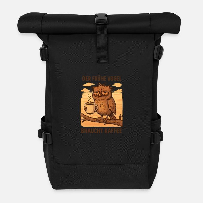 „Der frühe Vogel braucht Kaffee“ – und du auch! - Rolltop Rucksack - Schwarz