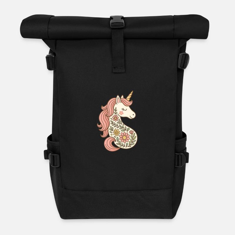 Magisches Einhorn mit Blumen – Zauberhaftes Design - Rolltop Rucksack - Schwarz